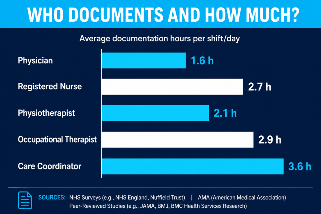 Bar chart showing average documentation time per shift: Physicians 1.6 hours, Registered Nurses 2.7 hours, Physiotherapists 2.1 hours, Occupational Therapists 2.9 hours, and Care Coordinators 3.6 hours, highlighting the documentation burden across healthcare roles.