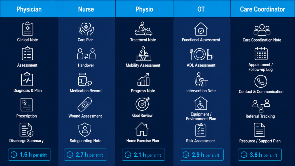 Infographic showing the documentation tasks and average time spent per shift by physicians, nurses, physiotherapists, occupational therapists, and care coordinators, highlighting the heavier documentation burden on nurses, AHPs, and care coordinators.