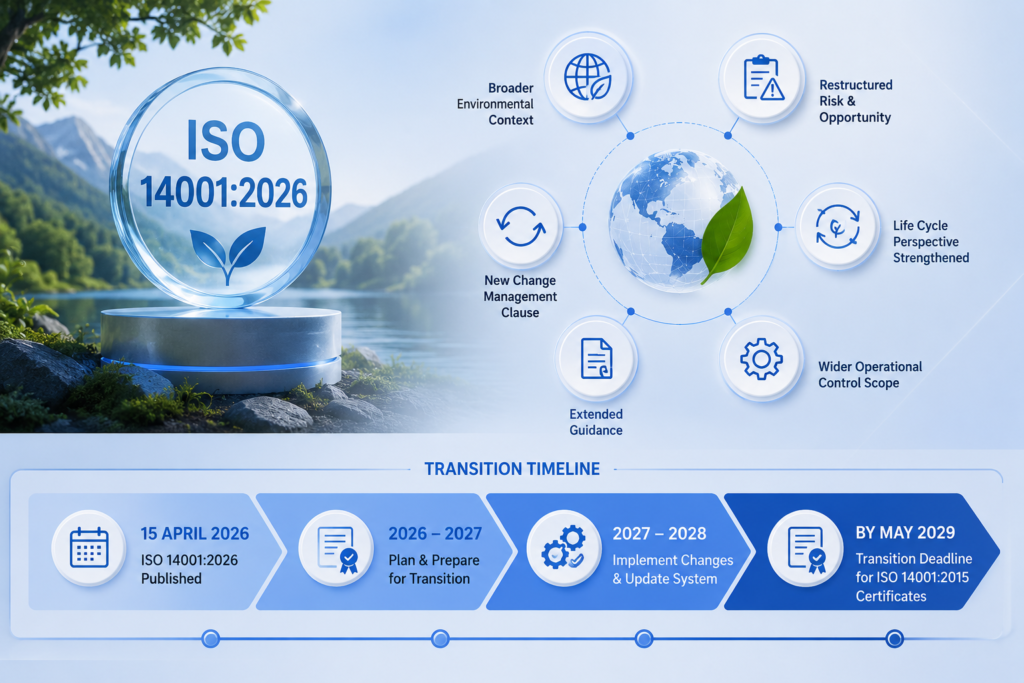 Transition: three years. Certificates issued against ISO 14001:2015 must transition to the 2026 edition before approximately May 2029 to remain valid. Confirm exact arrangements with your certification body, as the International Accreditation Forum sets the formal timeline.
The revision is widely described as evolutionary rather than structural. Organisations with a functioning 2015 system are refining it rather than rebuilding.