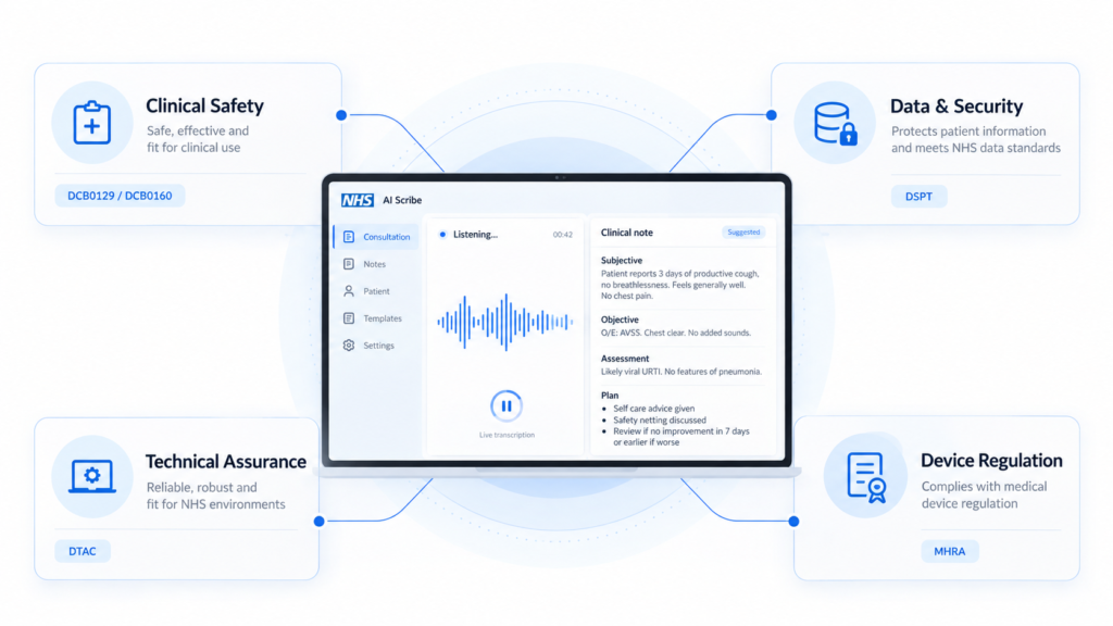 NHS assurance layers around an AI scribe, including clinical safety, security, DTAC and medical-device regulation.