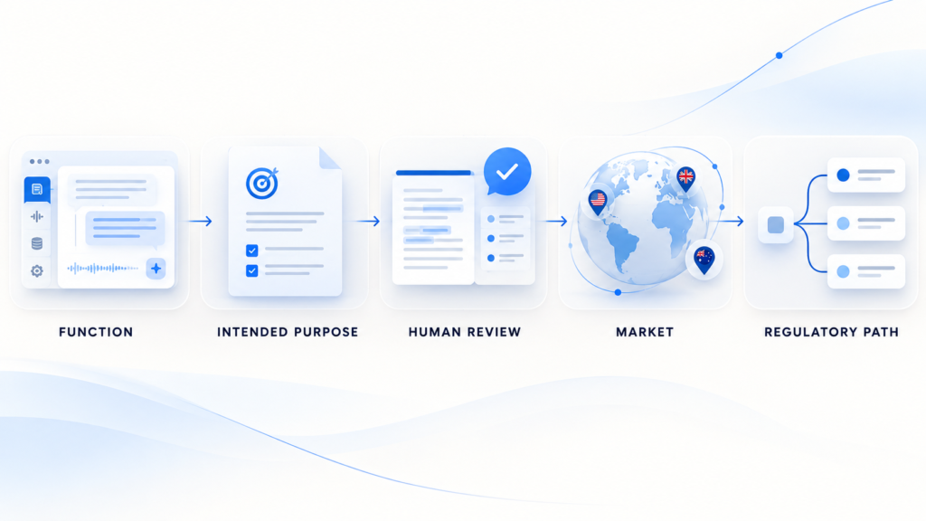 Five-step regulatory scoping flow for an AI scribe covering function, intended purpose, human review, market and regulatory pathway.