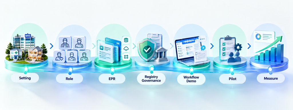 How should a UK healthcare organisation shortlist AI scribes?
Use this order.
1. Define the setting
NHS GP, NHS trust, private clinic, community provider or multi-site group?
2. Define the users
Doctors only?
Or nurses, AHPs, administrative staff and other roles?
3. Map the existing systems
EMIS?
SystmOne?
Epic?
Oracle Health?
Multiple EPRs?
4. Check the AVT Registry where relevant
For NHS deployment, start with the current NHS England Registry.